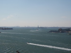 The Statue of Liberty from the Brooklyn Bridge.